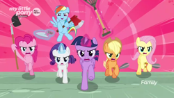 Size: 1366x768 | Tagged: safe, screencap, character:applejack, character:fluttershy, character:pinkie pie, character:rainbow dash, character:rarity, character:twilight sparkle, character:twilight sparkle (alicorn), species:alicorn, species:pony, episode:the beginning of the end, g4, my little pony: friendship is magic, axe, badass, charge, clipper, flutterbadass, galloping, gardening tools, hoe, levitation, magic, mane six, rake, resistance, shears, telekinesis, trowel, violence, weapon