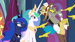 Size: 2000x1124 | Tagged: safe, screencap, character:discord, character:princess celestia, character:princess luna, species:alicorn, species:draconequus, species:pony, episode:the beginning of the end, g4, my little pony: friendship is magic, clasped hands, clothing, cute, discute, disembodied hand, ethereal mane, eyelashes, female, floating limbs, galaxy mane, grin, hand, hat, male, mare, pointing at self, press hat, reporter, royal sisters, sisters, smiling, suit, trio