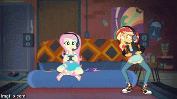 Size: 360x202 | Tagged: safe, screencap, character:fluttershy, character:sunset shimmer, species:human, my little pony:equestria girls, angry, animated, controller, converse, fustrated, gamer sunset, imgflip, shoes, sneakers, sunset gamer, video game