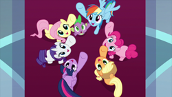 Size: 2000x1124 | Tagged: safe, screencap, character:applejack, character:fluttershy, character:pinkie pie, character:rainbow dash, character:rarity, character:spike, character:twilight sparkle, character:twilight sparkle (alicorn), species:alicorn, species:dragon, species:earth pony, species:pegasus, species:pony, species:unicorn, episode:the beginning of the end, g4, my little pony: friendship is magic, female, hooves in air, male, mane seven, mane six, mare, raised hoof, top down