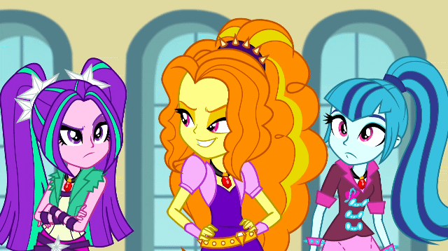Size: 640x358 | Tagged: safe, screencap, character:adagio dazzle, character:aria blaze, character:sonata dusk, equestria girls:rainbow rocks, g4, my little pony:equestria girls, angry, animated, clueless, dazzling, facepalm, female, gif, pigtails, ponytail, shrug, the dazzlings, trio, trio female, twintails