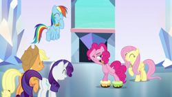 Size: 1920x1080 | Tagged: safe, screencap, character:applejack, character:fluttershy, character:pinkie pie, character:rainbow dash, character:rarity, species:pony, episode:the beginning of the end, g4, my little pony: friendship is magic, cakewalk, moonwalk, visual gag