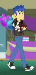 Size: 253x516 | Tagged: safe, screencap, character:flash sentry, species:dog, episode:best in show: the victory lap, g4, my little pony:equestria girls, banana (dog), clothing, converse, cropped, hoodie, male, pants, shoes, sneakers