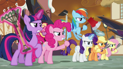 Size: 1920x1080 | Tagged: safe, screencap, character:applejack, character:fluttershy, character:pinkie pie, character:rainbow dash, character:rarity, character:twilight sparkle, character:twilight sparkle (alicorn), species:alicorn, species:pony, episode:the beginning of the end, g4, my little pony: friendship is magic, axe, badass, clipper, flutterbadass, garden hoe, gardening tools, mane six, rake, shears, trowel, weapon
