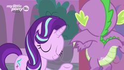 Size: 1920x1080 | Tagged: safe, screencap, character:spike, character:starlight glimmer, species:dragon, species:pony, episode:the beginning of the end, g4, my little pony: friendship is magic, discovery family logo, eyes closed, flying, looking at each other, plant, raised hoof, winged spike