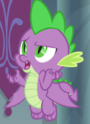 Size: 525x716 | Tagged: safe, screencap, character:spike, species:dragon, episode:the beginning of the end, g4, my little pony: friendship is magic, claws, cropped, flying, male, solo, winged spike, wings