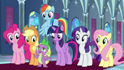 Size: 1280x720 | Tagged: safe, screencap, character:applejack, character:fluttershy, character:pinkie pie, character:rainbow dash, character:rarity, character:spike, character:twilight sparkle, character:twilight sparkle (alicorn), species:alicorn, species:dragon, species:earth pony, species:pegasus, species:pony, species:unicorn, episode:the beginning of the end, g4, my little pony: friendship is magic, female, male, mane seven, mane six, mare, winged spike