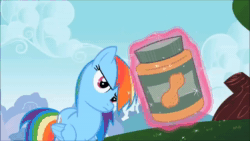 Size: 1280x720 | Tagged: safe, screencap, character:rainbow dash, species:pegasus, species:pony, episode:the mysterious mare do well, g4, my little pony: friendship is magic, animated, biting, cracking joints, food, horse problems, implied amethyst star, jar, magic, peanut butter, peanut butter jar, rainbow dork, solo, sound, telekinesis, webm