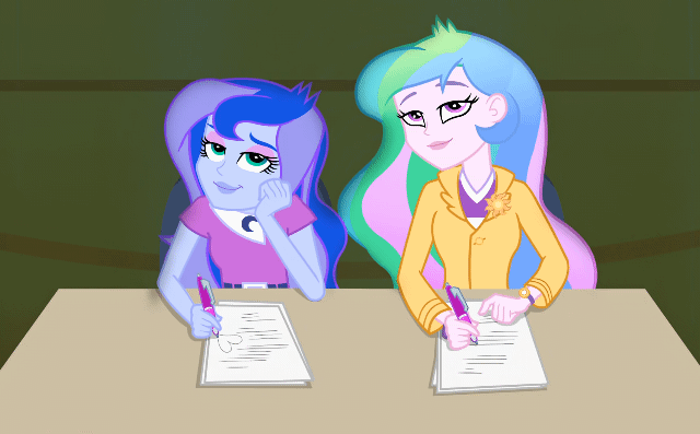 Size: 640x397 | Tagged: safe, screencap, character:princess celestia, character:princess luna, character:principal celestia, character:vice principal luna, equestria girls:rainbow rocks, g4, my little pony:equestria girls, animated, duo, entranced, female, gif, hypnosis, hypnotized, lidded eyes, sisters, tapping, under our spell, vice principal luna