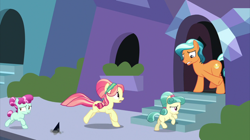 Size: 2100x1178 | Tagged: safe, screencap, character:cherry valley, character:citrine nectar, character:coral shores, character:ruby love, species:crystal pony, species:earth pony, species:pony, episode:the beginning of the end, g4, my little pony: friendship is magic, background pony, crystal empire, family, female, filly, foal, house, male, mare, quartet, running, scared, stallion