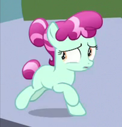 Size: 440x461 | Tagged: safe, screencap, character:cherry valley, species:crystal pony, species:pony, episode:the beginning of the end, g4, my little pony: friendship is magic, background pony, blank flank, female, filly, foal, looking back, running, solo