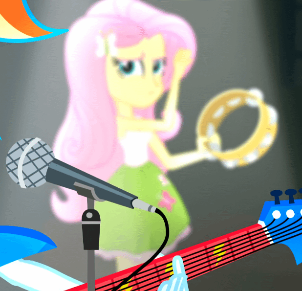 Size: 618x595 | Tagged: safe, screencap, character:fluttershy, character:rainbow dash, equestria girls:rainbow rocks, g4, my little pony:equestria girls, animated, awesome as i want to be, electric guitar, eyeroll, fluttershy is not amused, gif, guitar, microphone, musical instrument, out of focus, singing, tambourine, unamused