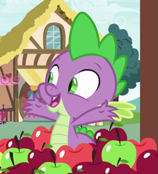 Size: 491x540 | Tagged: safe, screencap, character:spike, species:dragon, episode:triple threat, g4, my little pony: friendship is magic, apple, arms wide open, baby, baby dragon, claws, cropped, cute, food, house, looking at something, male, open mouth, ponyville, smiling, solo, spikabetes, tree, window
