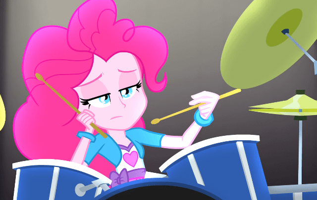 Size: 640x405 | Tagged: safe, screencap, character:pinkie pie, equestria girls:rainbow rocks, g4, my little pony:equestria girls, animated, blinking, bored, cymbals, drums, drumsticks, gif, hand on face, hi-hat, solo, unamused