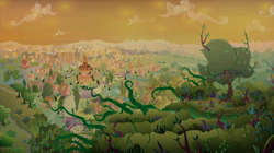 Size: 2100x1178 | Tagged: safe, screencap, episode:the beginning of the end, g4, my little pony: friendship is magic, apple tree, everfree forest, fluttershy's cottage, forest, no pony, orange sky, ponyville, ponyville schoolhouse, ponyville town hall, thorns, tree, vegetation, vine