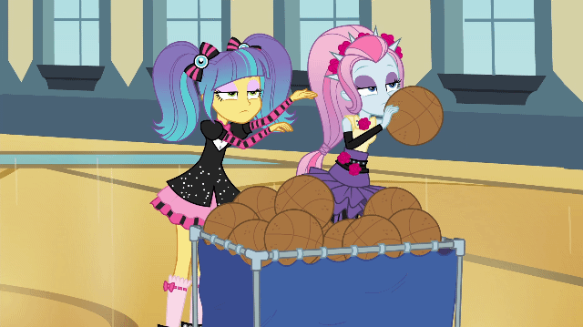 Size: 640x359 | Tagged: safe, screencap, episode:photo finished, equestria girls:rainbow rocks, g4, my little pony:equestria girls, animated, basketball, bored, canterlot high, duo, duo female, female, gif, gym, pigtails, pixel pizazz, sports, the snapshots, twintails, violet blurr