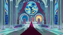 Size: 2100x1180 | Tagged: safe, screencap, episode:the beginning of the end, g4, my little pony: friendship is magic, canterlot, canterlot castle, canterlot throne room, carpet, no pony, stained glass, throne, throne room