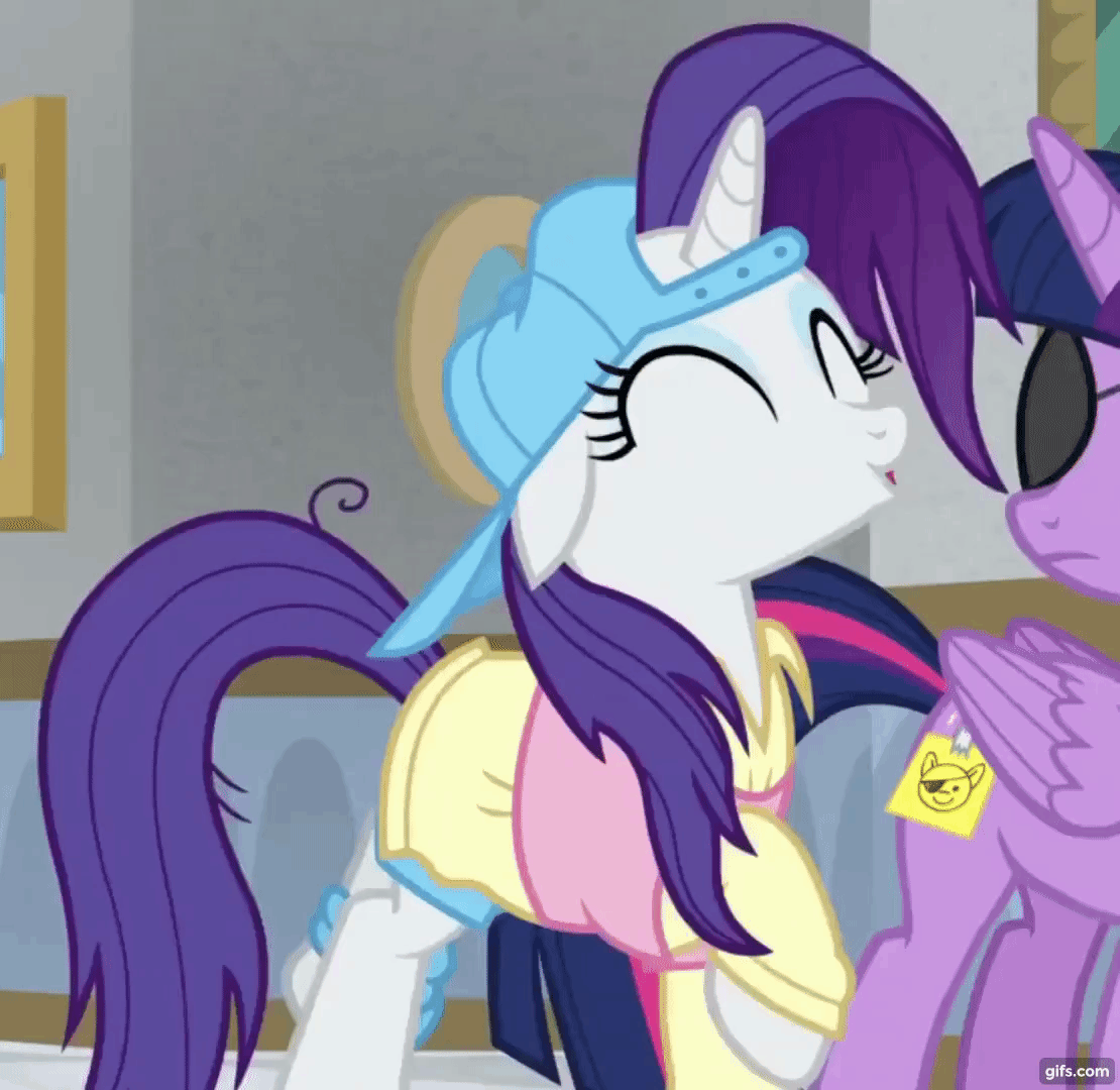 Size: 1110x1080 | Tagged: safe, screencap, character:rarity, character:twilight sparkle, character:twilight sparkle (alicorn), species:alicorn, species:pony, species:unicorn, episode:friendship university, g4, my little pony: friendship is magic, alternate hairstyle, animated, backwards ballcap, baseball cap, cap, clothing, cute, disguise, eyepatch, eyepatch (disguise), eyes closed, female, floppy ears, gif, gifs.com, happy, hat, mare, open mouth, plainity, prancing, raribetes, trotting, trotting in place