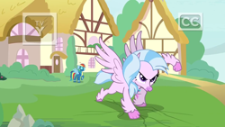 Size: 1920x1080 | Tagged: safe, screencap, character:rainbow dash, character:silverstream, species:classical hippogriff, species:hippogriff, species:pegasus, species:pony, episode:uprooted, g4, my little pony: friendship is magic, >:), clothing, discovery family logo, dream, duo, female, fist, goggles, mare, smiling, smirk, superhero landing, tv rating, tv-y, uniform, wonderbolts uniform