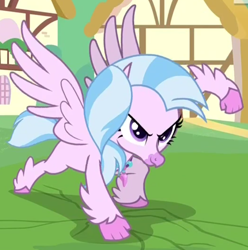 Size: 788x794 | Tagged: safe, screencap, character:silverstream, species:classical hippogriff, species:hippogriff, episode:uprooted, g4, my little pony: friendship is magic, cropped, female, ground, ponyville, punch, smashing, solo, superhero landing