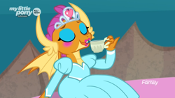Size: 1920x1080 | Tagged: safe, screencap, character:smolder, species:dragon, episode:uprooted, g4, my little pony: friendship is magic, blush sticker, blushing, clothing, cup, cute, discovery family logo, dragoness, dream sequence, dress, eyes closed, eyeshadow, female, food, jewelry, lipstick, makeup, princess smolder, smolderbetes, solo, tea, teacup, tiara