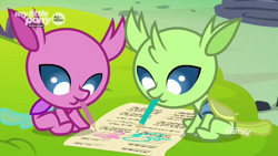 Size: 1920x1080 | Tagged: safe, screencap, species:changeling, species:reformed changeling, episode:uprooted, g4, my little pony: friendship is magic, axilla, baby, baby changedling, baby changeling, brother and sister, colored pencils, cute, cuteling, duo, female, lidded eyes, looking down, lumbar, male, mouth hold, nymph, paper, siblings, smiling, weapons-grade cute, writing