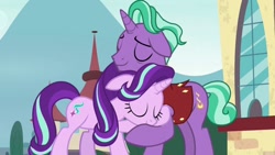 Size: 1024x576 | Tagged: safe, screencap, character:firelight, character:starlight glimmer, species:pony, species:unicorn, episode:the parent map, g4, cute, eyes closed, father and daughter, female, hug, male, mare, reformed starlight, stallion