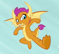 Size: 715x663 | Tagged: safe, screencap, character:smolder, species:dragon, episode:uprooted, g4, my little pony: friendship is magic, claws, confident, dragoness, fangs, feet, female, flying, horns, kicking, looking down, solo, spread wings, toes, underfoot, wings