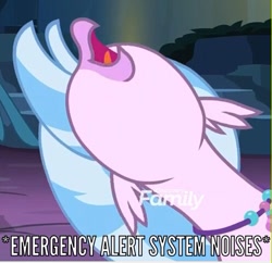 Size: 497x481 | Tagged: safe, edit, screencap, character:silverstream, episode:uprooted, g4, my little pony: friendship is magic, caption, descriptive noise, emergency alert system, image macro, solo, text, text edit, the place where we belong