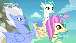 Size: 1920x1080 | Tagged: safe, screencap, character:ocean flow, character:sky beak, character:terramar, species:classical hippogriff, species:hippogriff, species:seapony (g4), episode:uprooted, g4, my little pony: friendship is magic, beach, cliff, cloud, discovery family logo, father and son, female, handwriting, husband and wife, male, mother and son, mount aris, mouth hold, ocean, paper, permission slip, scroll, signature, silverstream's family