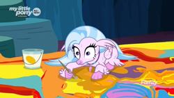 Size: 1920x1080 | Tagged: safe, screencap, character:silverstream, species:classical hippogriff, species:hippogriff, episode:uprooted, g4, my little pony: friendship is magic, cave of harmony, discovery family logo, frown, lying down, paint bucket, paintbrush, painting, shrunken pupils, soaked, this will end in tears, thousand yard stare, wet, wet mane, wide eyes