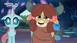 Size: 1920x1080 | Tagged: safe, screencap, character:ocellus, character:yona, species:changedling, species:changeling, species:reformed changeling, species:yak, episode:uprooted, g4, my little pony: friendship is magic, bow, cave, cave of harmony, cloven hooves, crystal, curved horn, cute, diaocelles, discovery family logo, duo, female, front view, hair bow, horn, horns, monkey swings, scroll, smiling, yonadorable