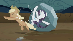 Size: 1280x720 | Tagged: safe, screencap, character:applejack, character:rarity, character:tom, species:pony, episode:the return of harmony, g4, my little pony: friendship is magic, discorded, duo, great moments in animation, jackabuse