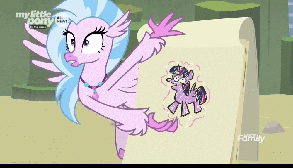 Size: 1000x575 | Tagged: safe, artist:silverstream, screencap, character:silverstream, character:tree of harmony, character:treelight sparkle, character:twilight sparkle, species:classical hippogriff, species:hippogriff, episode:uprooted, g4, my little pony: friendship is magic, animated, drawing, easel, female, flying, school of friendship, silverstream's plan, tree of harmony, treelight sparkle