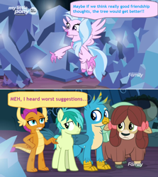 Size: 1364x1528 | Tagged: safe, edit, edited screencap, screencap, character:gallus, character:sandbar, character:silverstream, character:smolder, character:tree of harmony, character:yona, species:classical hippogriff, species:dragon, species:earth pony, species:griffon, species:hippogriff, species:pony, species:yak, episode:uprooted, g4, my little pony: friendship is magic, bow, broken, cloven hooves, comic, dialogue, dragoness, female, grammar error, hair bow, male, screencap comic, shattered, speech bubble, tree of harmony