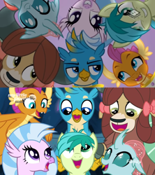 Size: 1900x2144 | Tagged: safe, screencap, character:gallus, character:ocellus, character:sandbar, character:silverstream, character:smolder, character:yona, species:changedling, species:changeling, species:dragon, species:earth pony, species:griffon, species:hippogriff, species:pony, species:reformed changeling, species:yak, episode:friendship university, episode:uprooted, g4, my little pony: friendship is magic, comparison, cute, diaocelles, diastreamies, gallabetes, grin, happy, lidded eyes, looking down, looking sideways, looking up, open mouth, sandabetes, smiling, smirk, smolderbetes, squee, student six, the place where we belong, yonadorable