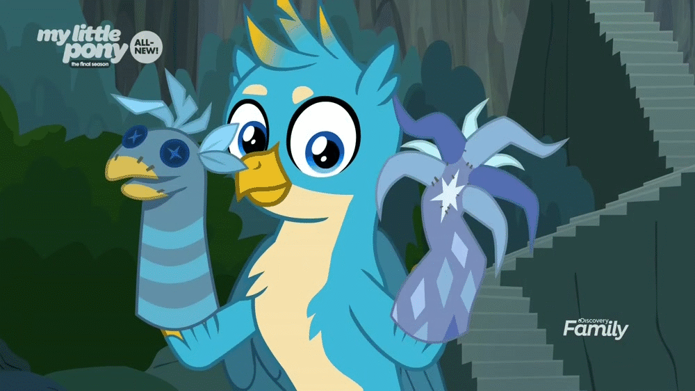 Size: 1000x562 | Tagged: safe, screencap, character:gallus, character:tree of harmony, species:griffon, episode:uprooted, g4, my little pony: friendship is magic, absurd file size, absurd gif size, all new, animated, cute, discovery family logo, gallabetes, gif, male, sock puppet, solo, text, tree of harmony