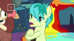 Size: 1366x768 | Tagged: safe, screencap, character:sandbar, character:yona, species:earth pony, species:pony, episode:uprooted, g4, my little pony: friendship is magic, annoyed, discovery family logo, looking at something, looking at you, male, paint, painting, sapling, soil, tv rating, tv-y, upset