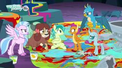 Size: 1366x768 | Tagged: safe, screencap, character:gallus, character:ocellus, character:sandbar, character:silverstream, character:smolder, character:yona, species:changedling, species:changeling, species:classical hippogriff, species:dragon, species:earth pony, species:griffon, species:hippogriff, species:pony, species:reformed changeling, species:yak, episode:uprooted, g4, my little pony: friendship is magic, angry, bow, bucket, cloven hooves, colored hooves, discovery family logo, dragoness, female, flying, fountain, glare, hair bow, jewelry, male, mess, monkey swings, necklace, paint, paint bucket, painting, pointing, puddle, sad, sapling, student six, teenager, upset, water, wet