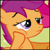 Size: 100x100 | Tagged: safe, artist:webkinzfun8, screencap, character:apple bloom, character:scootaloo, species:pegasus, species:pony, episode:the cutie mark chronicles, g4, my little pony: friendship is magic, animated, blinking, bored, female, filly, frown, hoof on cheek, icon, mare, offscreen character, picture for breezies, solo