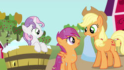 Size: 1280x720 | Tagged: safe, screencap, character:applejack, character:scootaloo, character:sweetie belle, species:pegasus, species:pony, episode:one bad apple, g4, my little pony: friendship is magic, barn, bath, bathing together, bucket, mouth hold, outdoors, sweet apple acres, towel, wet, wet mane