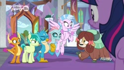 Size: 1920x1080 | Tagged: safe, screencap, character:gallus, character:ocellus, character:sandbar, character:silverstream, character:smolder, character:twilight sparkle, character:twilight sparkle (alicorn), character:yona, species:alicorn, species:changedling, species:changeling, species:classical hippogriff, species:dragon, species:earth pony, species:griffon, species:hippogriff, species:pony, species:reformed changeling, species:yak, episode:uprooted, g4, my little pony: friendship is magic, bow, claws, cloven hooves, confident, curved horn, dragoness, eyes closed, female, hair bow, horn, male, mare, monkey swings, raised eyebrow, school of friendship, student six, talons