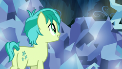Size: 1269x720 | Tagged: safe, screencap, character:sandbar, character:tree of harmony, species:earth pony, species:pony, episode:uprooted, g4, my little pony: friendship is magic, crystal, male, plot, rubble, sandbutt, smiling, solo, tree of harmony