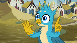 Size: 1920x1080 | Tagged: safe, screencap, character:gallus, species:griffon, episode:uprooted, g4, my little pony: friendship is magic, chest fluff, claws, debris, griffonstone, house, male, raised finger, solo