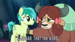 Size: 1280x720 | Tagged: safe, screencap, character:sandbar, character:yona, species:earth pony, species:pony, species:yak, episode:uprooted, g4, my little pony: friendship is magic, bow, cave of harmony, cloven hooves, comforting, cute, duo, female, friends, hair bow, horns, looking at each other, male, monkey swings, sandabetes, teenager, upset, yonadorable