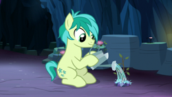 Size: 1920x1080 | Tagged: safe, screencap, character:sandbar, species:earth pony, species:pony, episode:uprooted, g4, my little pony: friendship is magic, hoof hold, male, sapling, smiling, stallion, tree, watering can