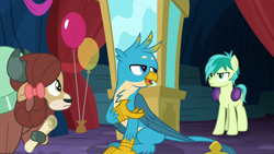 Size: 1280x720 | Tagged: safe, screencap, character:gallus, character:sandbar, character:yona, species:earth pony, species:griffon, species:pony, species:yak, episode:uprooted, g4, my little pony: friendship is magic, balloon, bow, claws, cloven hooves, earmuffs, female, hair bow, hooves, male, monkey swings, tail, wings