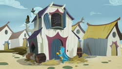 Size: 1280x720 | Tagged: safe, screencap, character:gallus, species:griffon, episode:uprooted, g4, my little pony: friendship is magic, barrel, discovery family logo, firewood, grampa gruff's house, griffonstone, hay, house, knocking, knocking on door, male, solo, spider web, wings
