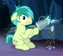 Size: 804x720 | Tagged: safe, screencap, character:sandbar, species:earth pony, species:pony, episode:uprooted, g4, my little pony: friendship is magic, cropped, hooves, male, sapling, solo, surprised, water, watering can, wavy mouth