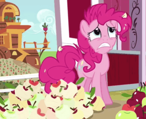 Size: 470x382 | Tagged: safe, screencap, character:pinkie pie, species:earth pony, species:pony, episode:the mane attraction, g4, my little pony: friendship is magic, animated, apple, cropped, faint, female, food, mare, messy mane, peeled apple, solo